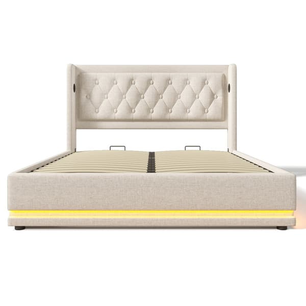 Dobbeltseng 140x200 cm – Opbevaringsseng med LED og USB-C, beige bomuld, med madras