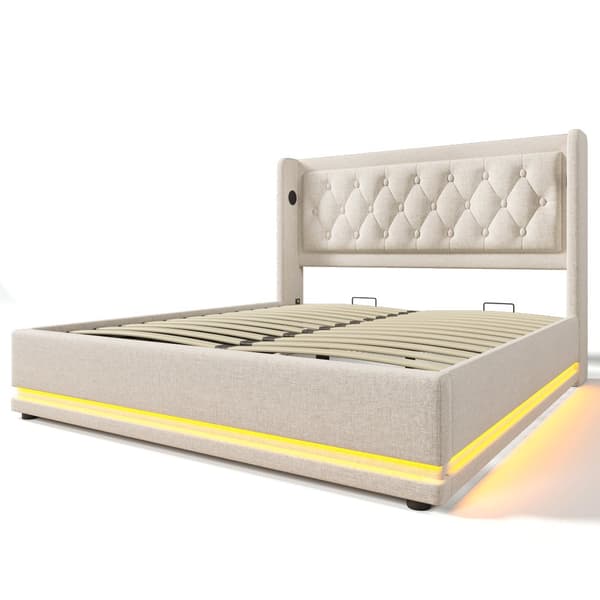 Dobbeltseng 140x200 cm – Opbevaringsseng med LED og USB-C, beige bomuld, med madras