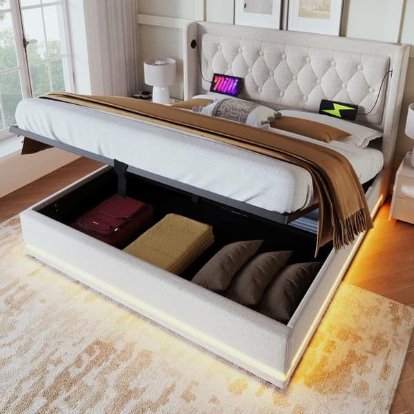 Dobbeltseng 140x200 cm – Opbevaringsseng med LED og USB-C, beige bomuld, med madras