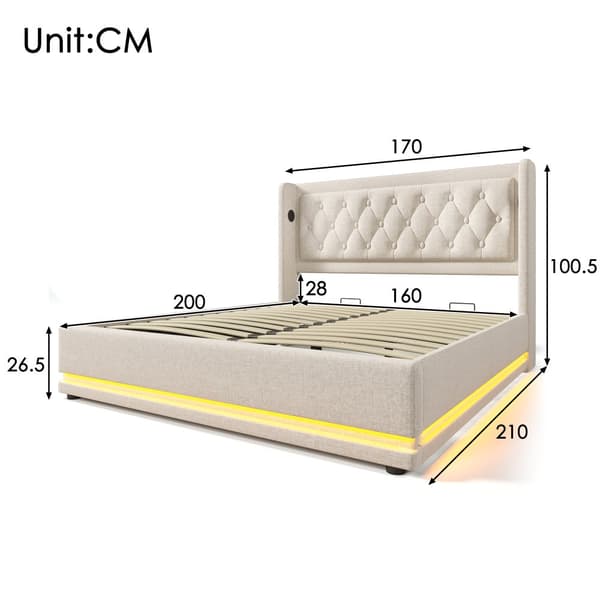 Dobbeltseng 160x200 cm – Opbevaringsseng med LED og USB-C, beige bomuldsstof, med madras