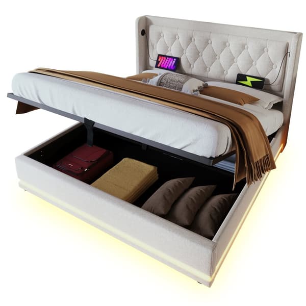 Dobbeltseng 160x200 cm – Opbevaringsseng med LED og USB-C, beige bomuldsstof, med madras