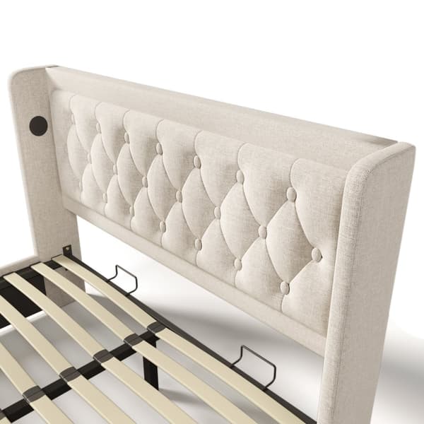 Parivuode 160x200 cm – Säilytyssänky LEDillä ja USB-C:llä, beige puuvillakangas, patjalla