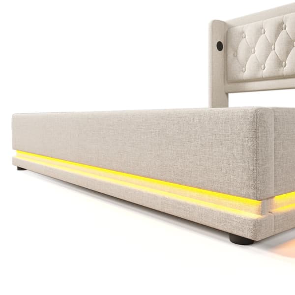 Dobbeltseng 160x200 cm – Opbevaringsseng med LED og USB-C, beige bomuldsstof, med madras