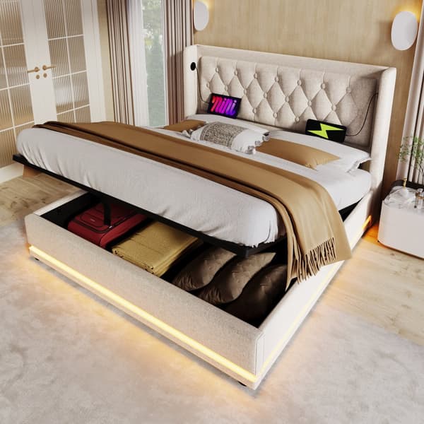 Dobbeltseng 160x200 cm – Opbevaringsseng med LED og USB-C, beige bomuldsstof, med madras