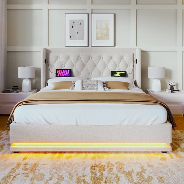 Dobbeltseng 160x200 cm – Opbevaringsseng med LED og USB-C, beige bomuldsstof, med madras