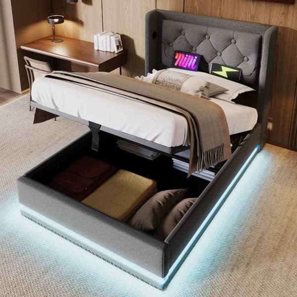 Dobbeltseng 90x200 cm – Opbevaringsseng med LED og USB-C, grå bomuld, med madras