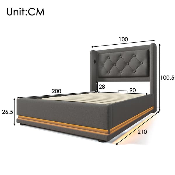 Dobbeltseng 90x200 cm – Opbevaringsseng med LED og USB-C, grå bomuld, med madras