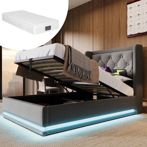 Dobbeltseng 90x200 cm – Opbevaringsseng med LED og USB-C, grå bomuld, med madras