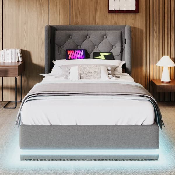 Dobbeltseng 90x200 cm – Opbevaringsseng med LED og USB-C, grå bomuld, med madras