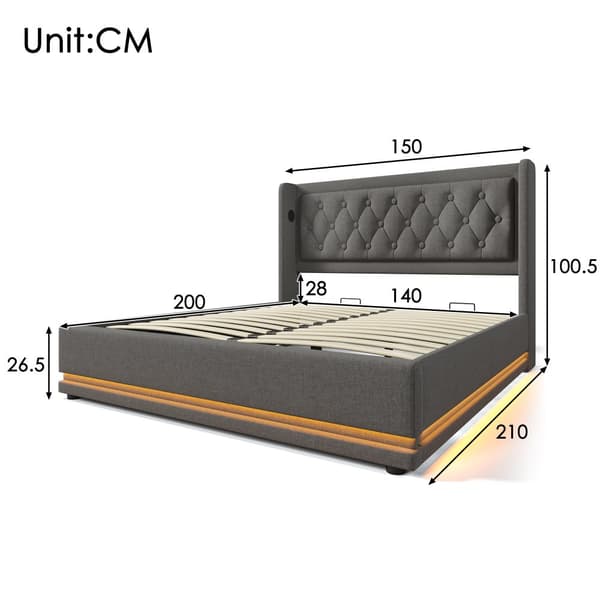 Dobbeltseng 140x200 cm – Opbevaringsseng med LED og USB-C, grå bomuld, med madras