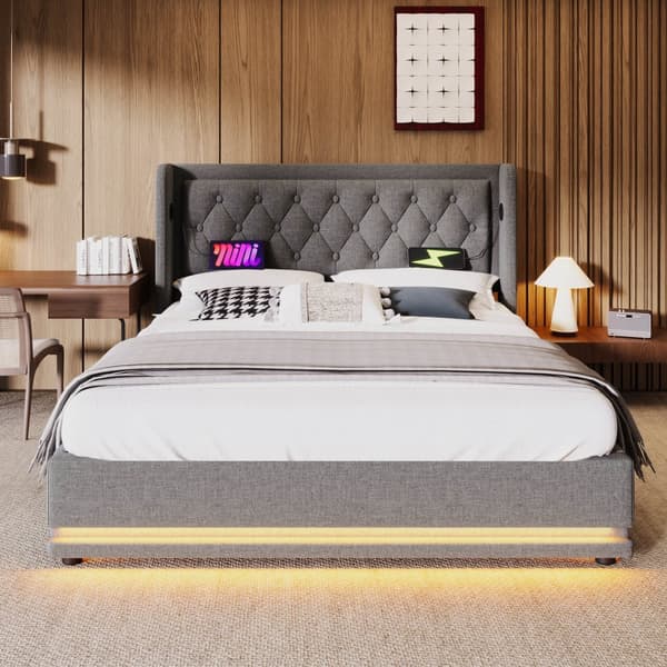 Parivuode 140x200 cm – Säilytyssänky LEDillä ja USB-C:llä, harmaa puuvilla, patjalla