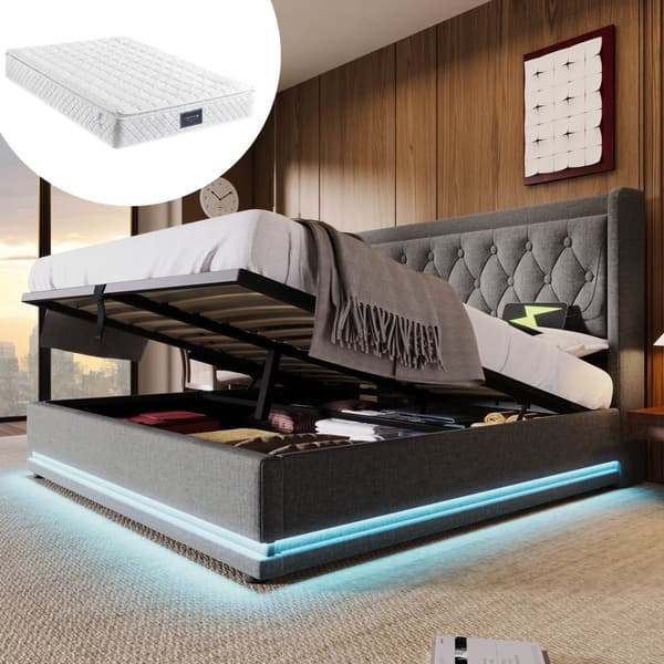Dobbeltseng 160×200 cm – grå med opbevaring, USB Type-C, LED-belysning og madras