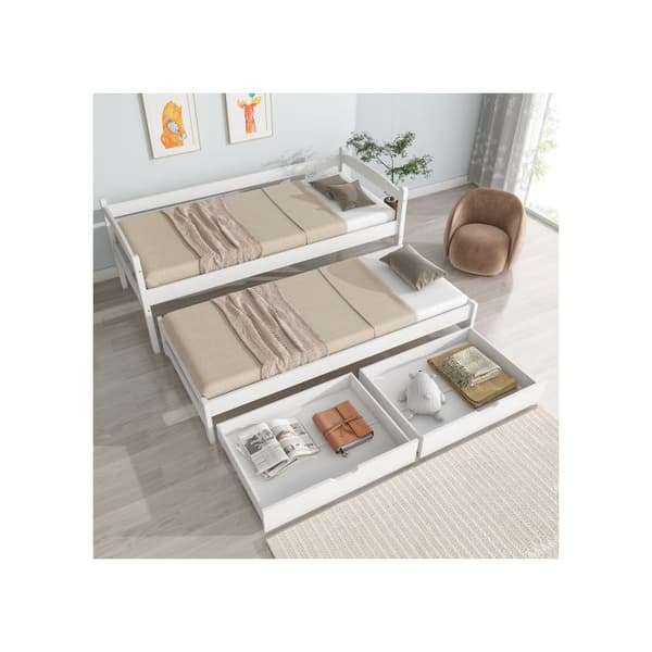 Dagbädd, utdragbar med hjul i botten, med 2 lådor i MDF, ram i massivt trä, vit (200x90 cm/190x90 cm)