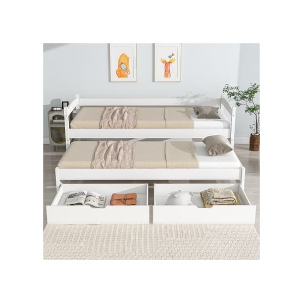 Dagbädd, utdragbar med hjul i botten, med 2 lådor i MDF, ram i massivt trä, vit (200x90 cm/190x90 cm)