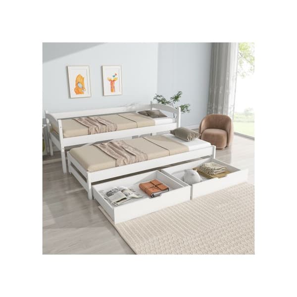 Dagbädd, utdragbar med hjul i botten, med 2 lådor i MDF, ram i massivt trä, vit (200x90 cm/190x90 cm)