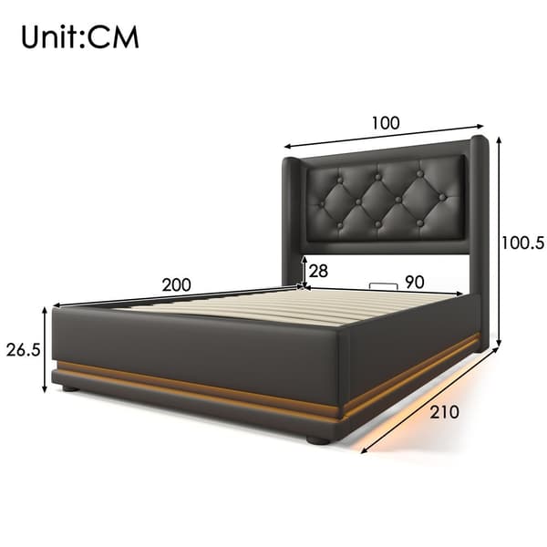 Yhden hengen sänky 90x200 – säilytystila hissillä, LED-valaistus, USB-C-lataus, musta PU, sis. patjan