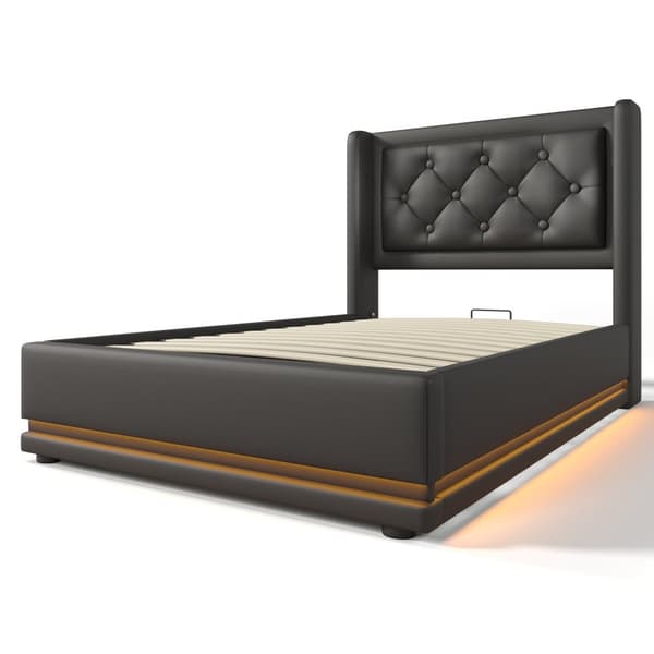 Enkeltseng 90x200 – opbevaring med lift, LED-belysning, USB-C opladning, sort PU, inkl. madras
