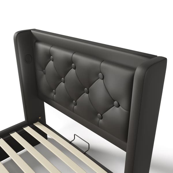Enkeltseng 90x200 – opbevaring med lift, LED-belysning, USB-C opladning, sort PU, inkl. madras