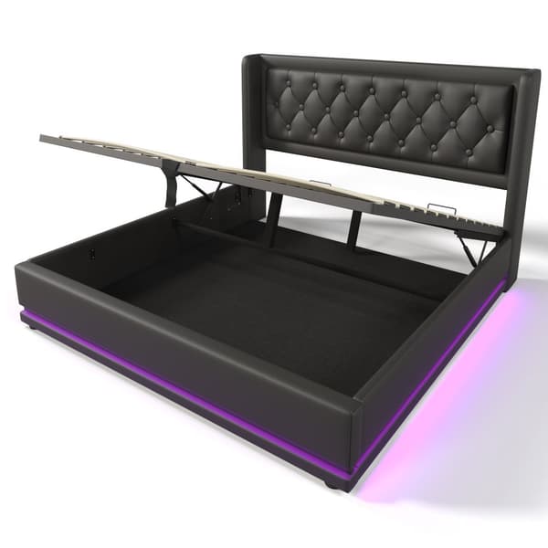 Dobbeltseng 140x200 – opbevaring med lift, LED-belysning, USB-C opladning, sort PU, inkl. madras