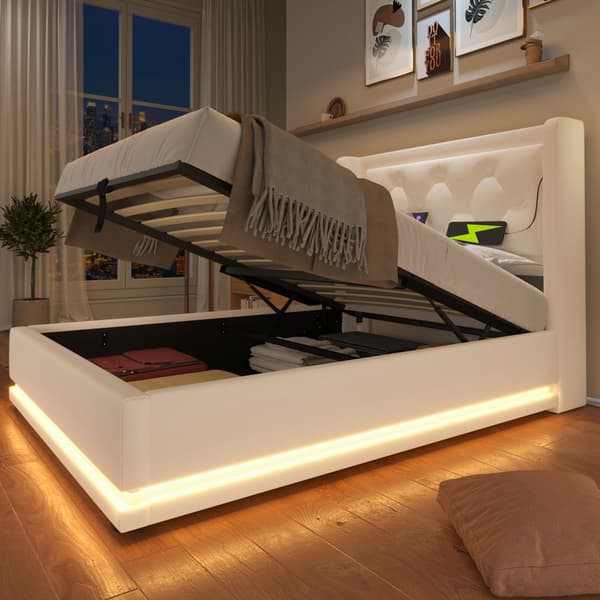 Enkeltseng 90x200 – elevatoropbevaring, LED-belysning, USB-C opladning, hvid PU, inkl. madras