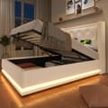 Pikkukuva 3 / 10: Yhden hengen sänky 90x200 – hissisäilytys, LED-valaistus, USB-C-lataus, valkoinen PU, sis. patjan