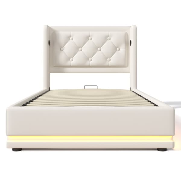 Enkeltseng 90x200 – elevatoropbevaring, LED-belysning, USB-C opladning, hvid PU, inkl. madras