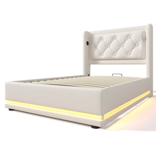 Enkeltseng 90x200 – elevatoropbevaring, LED-belysning, USB-C opladning, hvid PU, inkl. madras