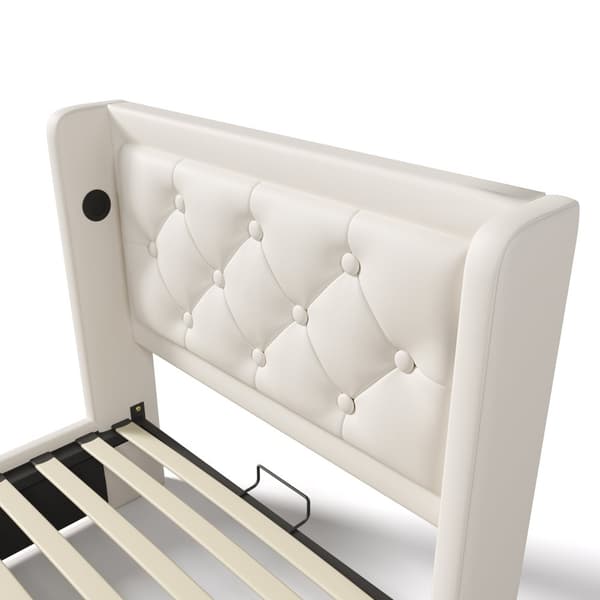 Enkeltseng 90x200 – elevatoropbevaring, LED-belysning, USB-C opladning, hvid PU, inkl. madras