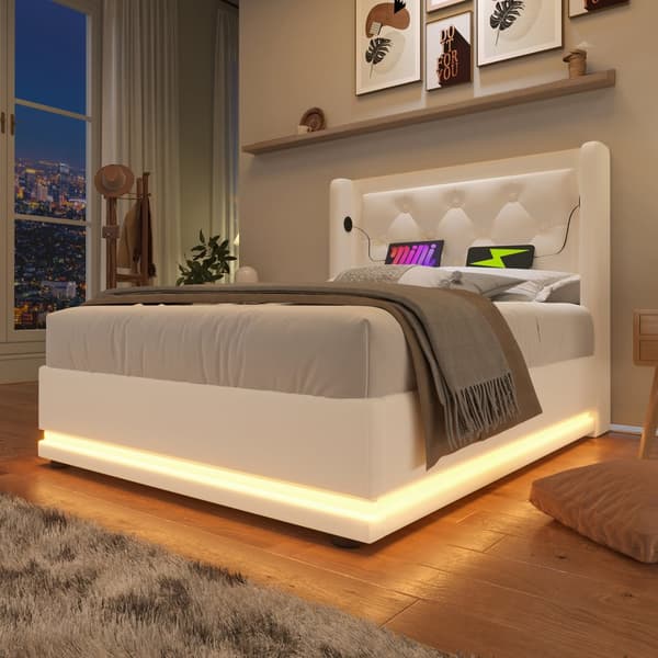 Enkeltseng 90x200 – elevatoropbevaring, LED-belysning, USB-C opladning, hvid PU, inkl. madras