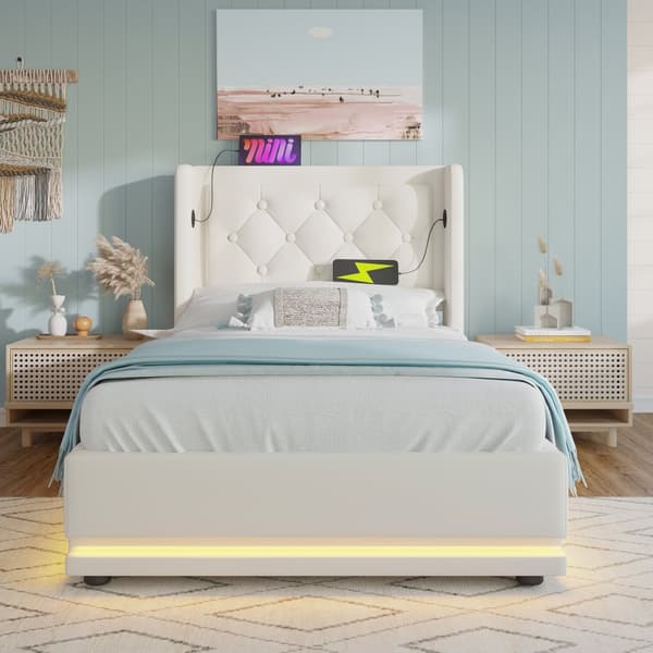 Yhden hengen sänky 90x200 – hissisäilytys, LED-valaistus, USB-C-lataus, valkoinen PU, sis. patjan