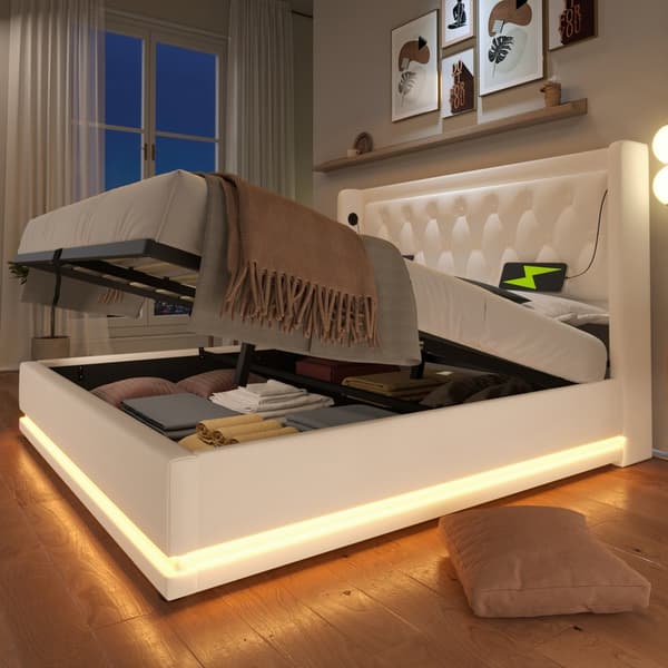 Parivuode 160x200 – hissisäilytys, LED-valaistus, USB-C-lataus, valkoinen PU, sis. patjan