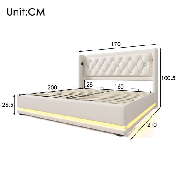 Dobbeltseng 160x200 – elevatoropbevaring, LED-belysning, USB-C opladning, hvid PU, inkl. madras