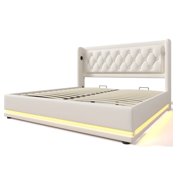 Dobbeltseng 160x200 – elevatoropbevaring, LED-belysning, USB-C opladning, hvid PU, inkl. madras