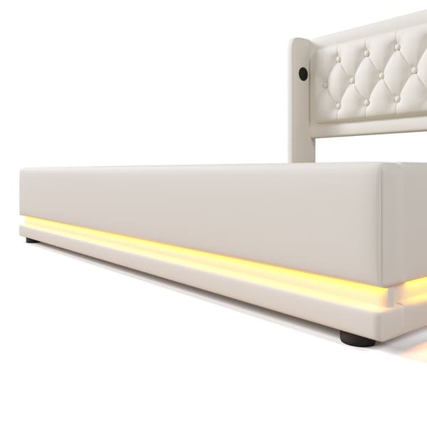 Dobbeltseng 160x200 – elevatoropbevaring, LED-belysning, USB-C opladning, hvid PU, inkl. madras