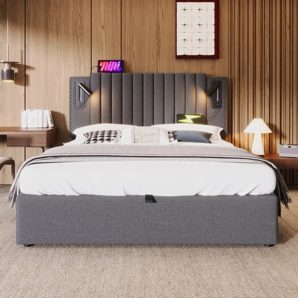 Parivuode 160x200 – säilytystila, lukulamppu USB:llä, napinpääty, harmaa puuvilla, sis. patjan