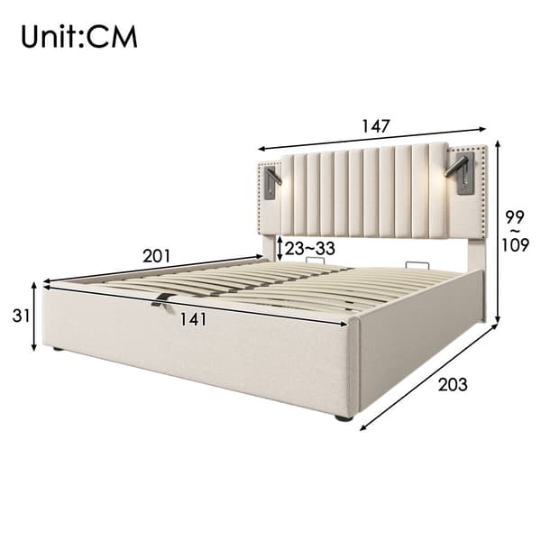 Parivuode 140x200 – säilytystila, lukulamppu USB:llä, nappisängynpääty, beige puuvilla, sis. patjan