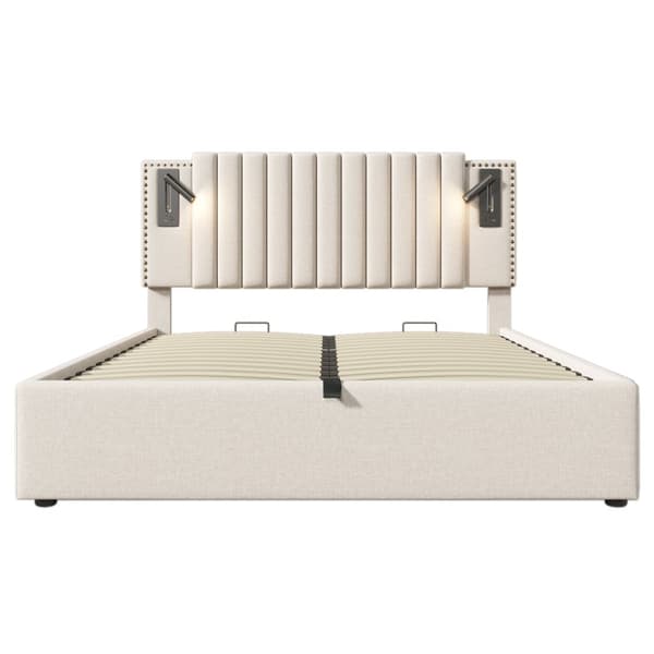 Parivuode 160x200 säilytystilalla – LED-valo, USB Type-C, säädettävä sängynpääty niiteillä – beige puuvilla – sis. patjan