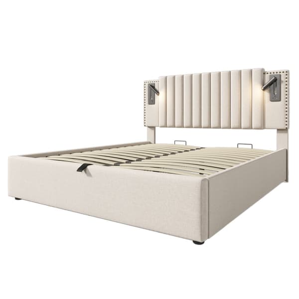 Dobbeltseng 160x200 med opbevaring – LED-lys, USB Type-C, justerbar sengegavl med nitter – beige bomuld – inkl. madras