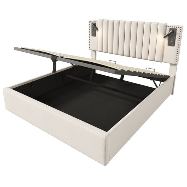 Dobbeltseng 160x200 med opbevaring – LED-lys, USB Type-C, justerbar sengegavl med nitter – beige bomuld – inkl. madras