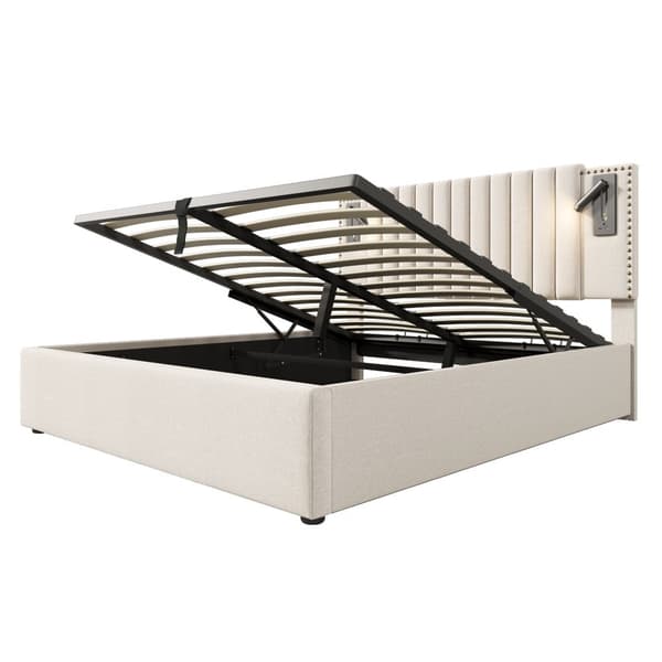 Dobbeltseng 160x200 med opbevaring – LED-lys, USB Type-C, justerbar sengegavl med nitter – beige bomuld – inkl. madras
