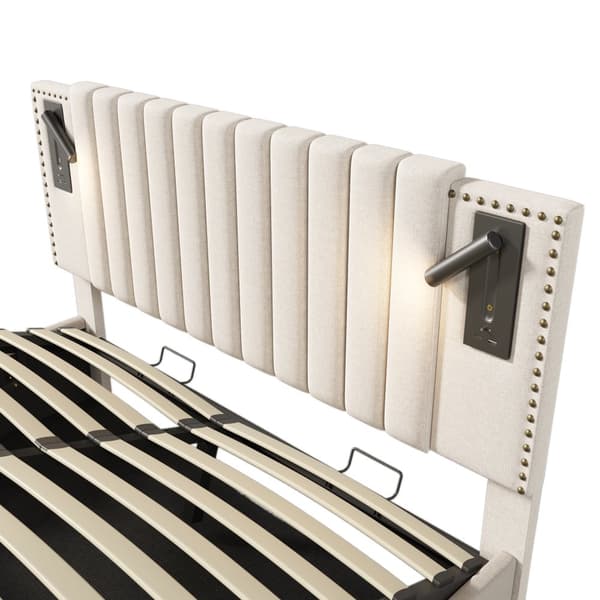 Dobbeltseng 160x200 med opbevaring – LED-lys, USB Type-C, justerbar sengegavl med nitter – beige bomuld – inkl. madras
