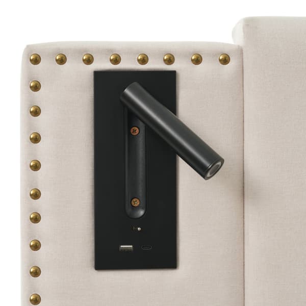 Dobbeltseng 160x200 med opbevaring – LED-lys, USB Type-C, justerbar sengegavl med nitter – beige bomuld – inkl. madras