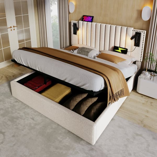Dobbeltseng 160x200 med opbevaring – LED-lys, USB Type-C, justerbar sengegavl med nitter – beige bomuld – inkl. madras