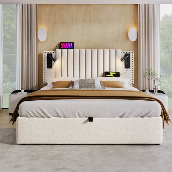 Dobbeltseng 160x200 med opbevaring – LED-lys, USB Type-C, justerbar sengegavl med nitter – beige bomuld – inkl. madras