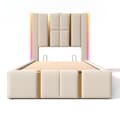 Pikkukuva 4 / 11: Yhden hengen sänky 90x200 LEDillä, USB-C-lataus, sovellusohjaus ja säilytys – beige pellavakangas ja puurunko (patjalla)