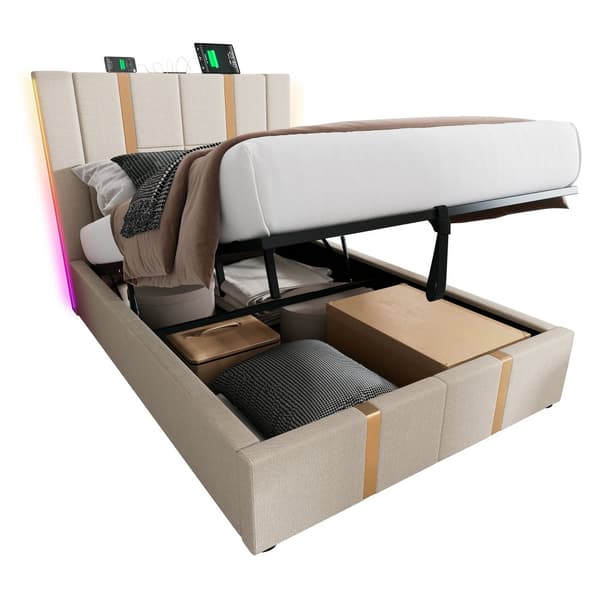 Yhden hengen sänky 90x200 LEDillä, USB-C-lataus, sovellusohjaus ja säilytys – beige pellavakangas ja puurunko (patjalla)
