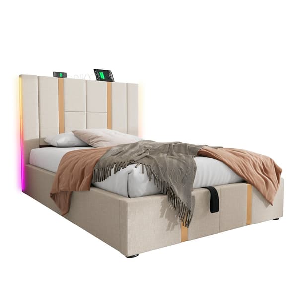 Yhden hengen sänky 90x200 LEDillä, USB-C-lataus, sovellusohjaus ja säilytys – beige pellavakangas ja puurunko (patjalla)
