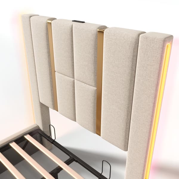 Yhden hengen sänky 90x200 LEDillä, USB-C-lataus, sovellusohjaus ja säilytys – beige pellavakangas ja puurunko (patjalla)