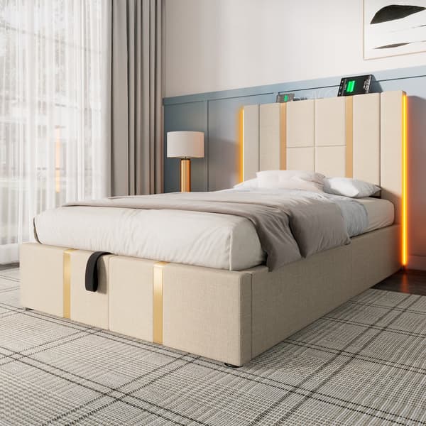 Yhden hengen sänky 90x200 LEDillä, USB-C-lataus, sovellusohjaus ja säilytys – beige pellavakangas ja puurunko (patjalla)