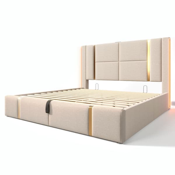 Parivuode 140x200 LEDillä, USB Type-C -lataus, sovellusten ohjaus ja säilytys, sängynrunko beigeä pellavaa patjalla